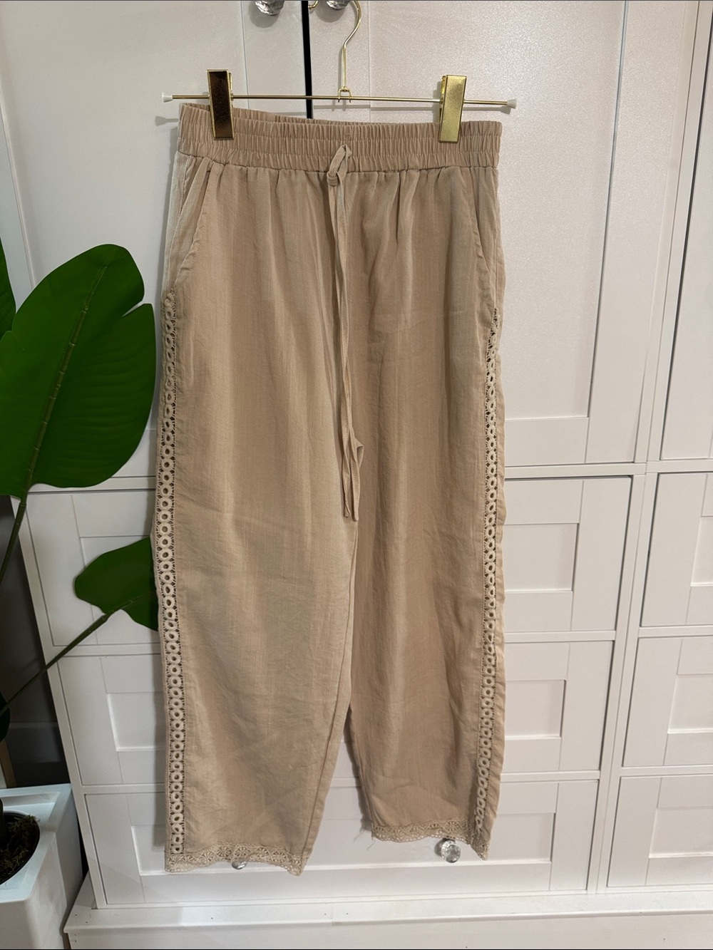 Amazon Women's Cropped Beige Drawstring Pants with Crochet Side Trim